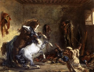  pferde - Arabische Pferde Romantic Eugene Delacroix in einem Stall Kampf